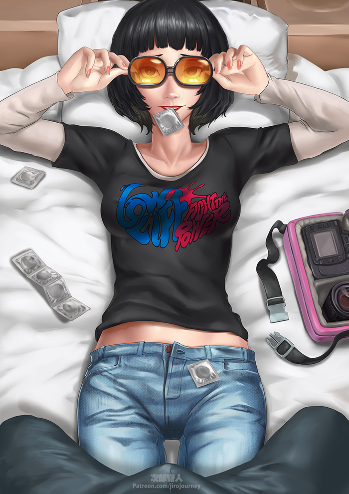 1girl adjusting_eyewear black_hair camera commentary condom condom_in_mouth condom_wrapper denim erection erection_under_clothes imminent_sex jeans looking_at_viewer lying mouth_hold ohya_ichiko on_back open_fly otk_king pants persona persona_5 pillow pov smile sunglasses thigh_gap
