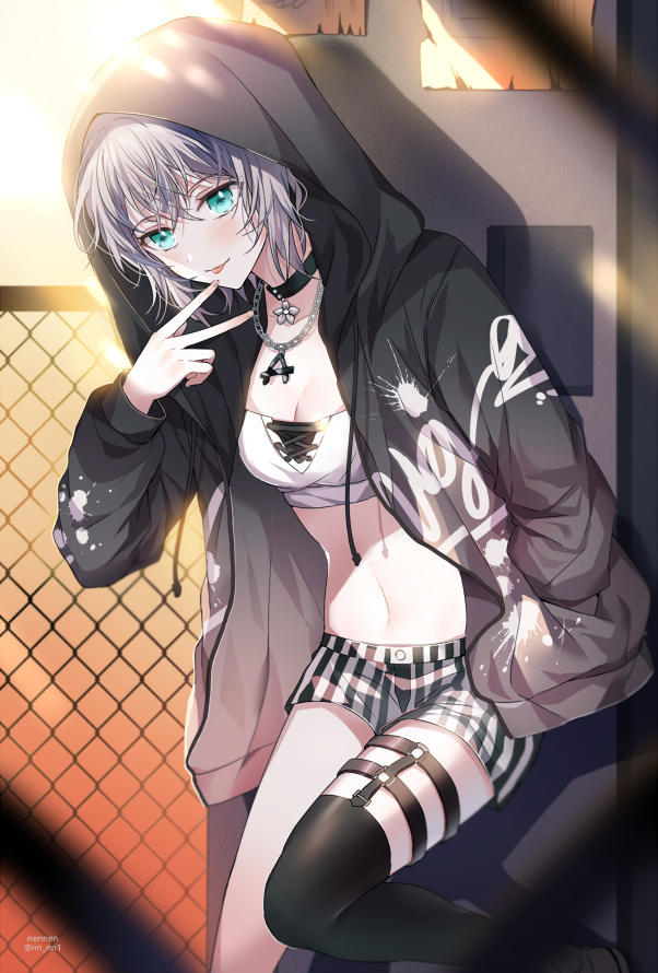 :p against_wall aoba_moka artist_name bang_dream! bangs black_choker black_jacket black_legwear breasts chain-link_fence chain_necklace choker cleavage clothes_writing crop_top crossed_bangs fence green_eyes grey_hair hand_in_pocket hood hooded_jacket jacket jewelry leg_up long_sleeves looking_at_viewer midriff navel nennen o-ring paint_stains pendant short_hair short_shorts shorts single_thighhigh sock_garters solo splatter_print striped thighhighs tongue tongue_out twitter_username v vertical-striped_shorts vertical_stripes