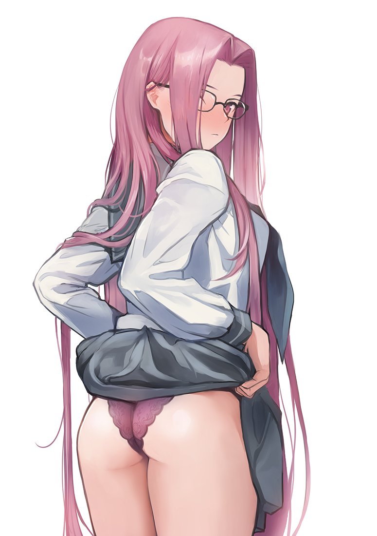 ass bangs blush breasts closed_mouth commentary_request doushimasho fate/stay_night fate_(series) forehead glasses grey_skirt hair_intakes hips large_breasts lifted_by_self long_hair long_sleeves looking_at_viewer looking_back panties parted_bangs purple_eyes purple_hair purple_panties rider sailor_collar school_uniform serafuku shirt simple_background skirt skirt_lift solo thighs underwear very_long_hair white_background white_shirt