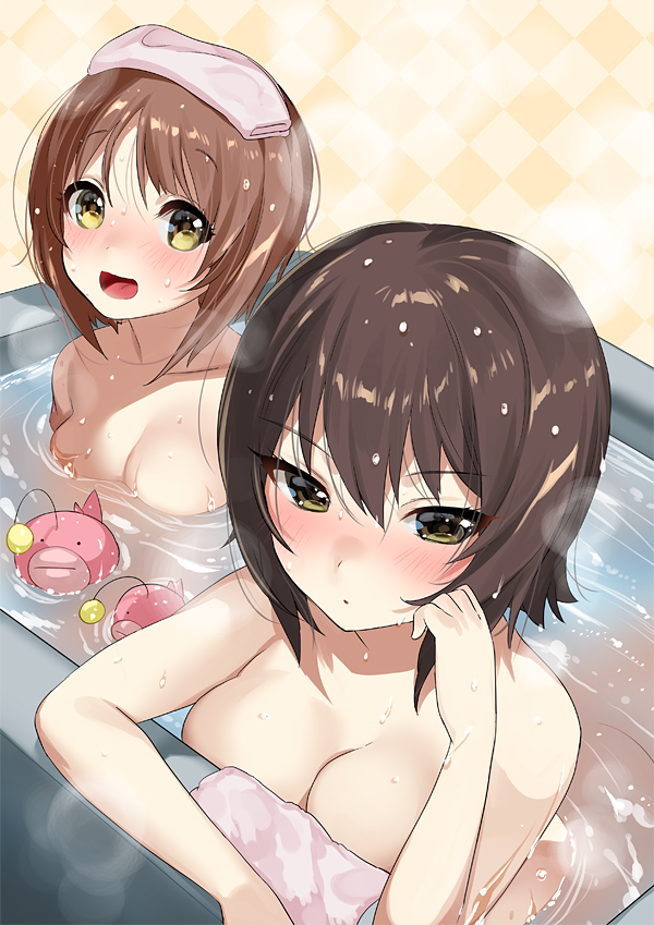 :d anglerfish bathing bathtub blush breasts brown_eyes brown_hair chin_rest cleavage commentary_request dutch_angle girls_und_panzer large_breasts looking_at_viewer medium_breasts multiple_girls nishizumi_maho nishizumi_miho ogino_atsuki open_mouth partially_submerged short_hair siblings sisters smile steam towel towel_on_head wet wet_hair yellow_eyes