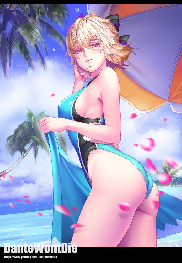 artist_name ass banned_artist bare_shoulders beach_umbrella blonde_hair blue_sky breasts cloud commentary competition_swimsuit day fate/grand_order fate_(series) large_breasts letterboxed looking_at_viewer okita_souji_(fate)_(all) one-piece_swimsuit outdoors palm_tree petals short_hair sky solo swimsuit tree umbrella yellow_eyes yinan_cui