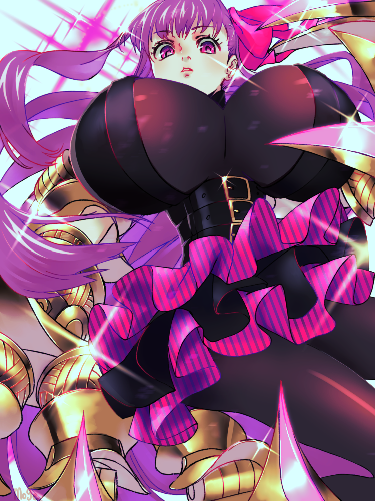 breasts fate/extra fate/extra_ccc fate_(series) from_below gigantic_breasts gleam hair_ribbon long_hair looking_at_viewer momomogeta parted_lips passion_lip pink_eyes purple_hair purple_ribbon revealing_clothes ribbon skirt solo very_long_hair