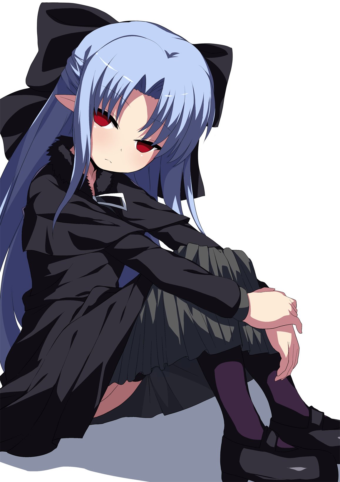 black_dress black_legwear blue_hair bow commentary_request dress empty_eyes hair_bow highres knees_up leg_hug len long_hair mary_janes melty_blood pointy_ears red_eyes ribbon shimejinameko shoes sitting solo thighhighs tsukihime