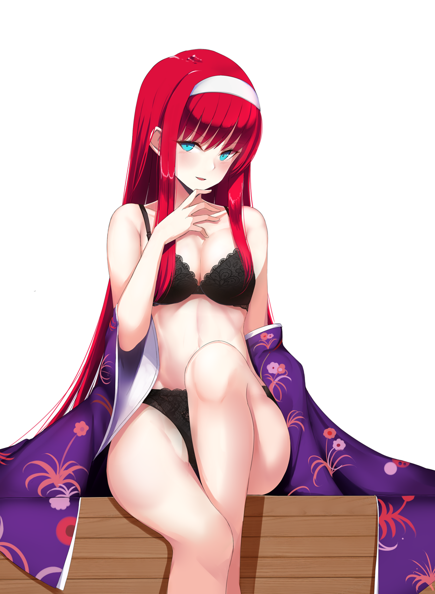 aqua_eyes bare_legs bare_shoulders black_bra black_panties bra commentary_request crossed_legs eyebrows_visible_through_hair floral_print glowing glowing_eyes groin hairband hand_to_own_mouth highres i.f.s.f japanese_clothes kimono kimono_removed leg_lift long_hair panties parted_lips purple_kimono red_hair shiny shiny_hair sidelocks sitting stomach thighs toono_akiha tsukihime type-moon underwear white_hairband wide_sleeves