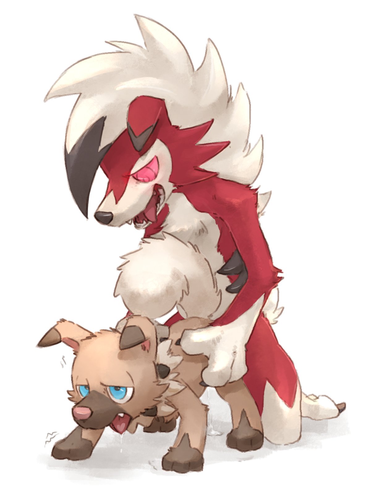 all_fours ambiguous_gender ambiguous_penetration anthro blue_eyes brown_fur canine claws cum doggystyle dripping from_behind_position front_view fur hand_on_butt kneeling larger_male looking_pleasured lycanroc male male/ambiguous mammal midnight_lycanroc nintendo penetration pngx_(artist) pok&eacute;mon pok&eacute;mon_(species) red_eyes red_fur rockruff saliva sex shaking simple_background size_difference spread_legs spreading teeth tongue trembling video_games white_background white_fur