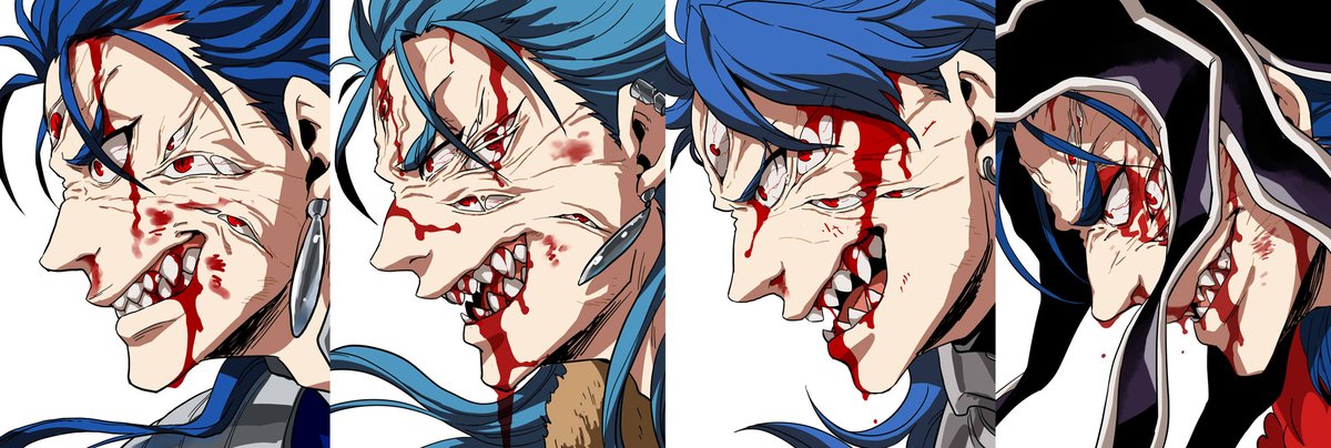 blood blood_on_face blue_hair clenched_teeth close-up commentary_request cu_chulainn_(fate/grand_order) cu_chulainn_(fate/prototype) cu_chulainn_alter_(fate/grand_order) earrings extra_eyes fate/grand_order fate_(series) hood horror_(theme) jewelry lancer male_focus messy_hair multiple_boys open_mouth profile red_eyes sharp_teeth simple_background teeth veins white_background yumiya