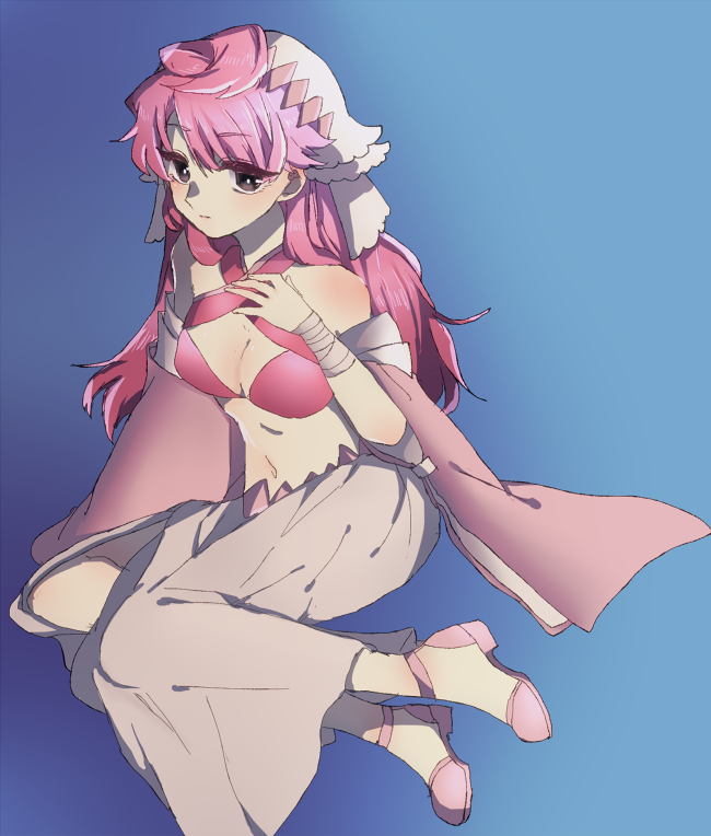 396_pkg bare_shoulders bikini blue_background check_character detached_sleeves gorebyss gradient gradient_background hand_up long_hair looking_at_viewer navel personification pink_bikini_top pink_footwear pink_hair pokemon simple_background skirt solo swimsuit