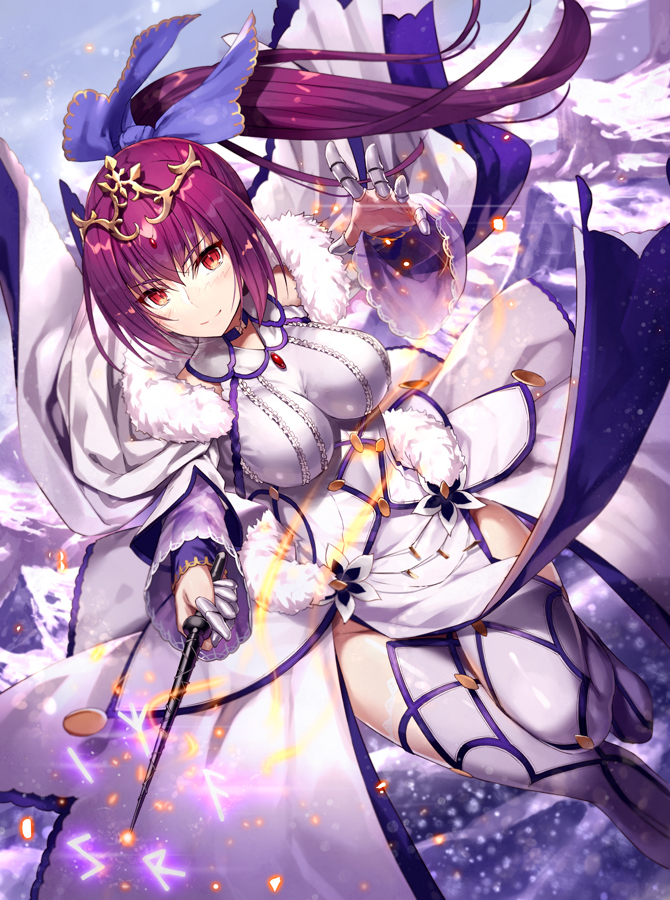 bangs boots breasts commentary_request dress fate/grand_order fate_(series) fur_trim gabiran hair_between_eyes jewelry large_breasts long_hair looking_at_viewer purple_dress purple_footwear purple_hair red_eyes runes scathach_(fate)_(all) scathach_skadi_(fate/grand_order) smile solo thigh_boots thighhighs tiara wand