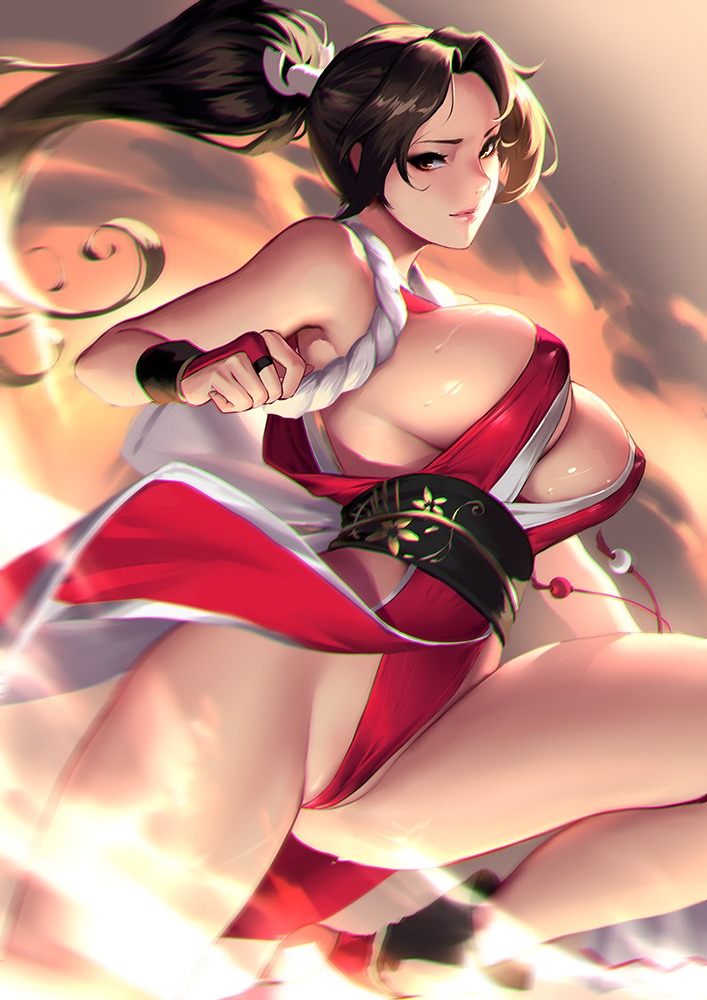 1girl breasts brown_hair fatal_fury fire huge_breasts image_sample pixiv_sample ponytail shiranui_mai solo