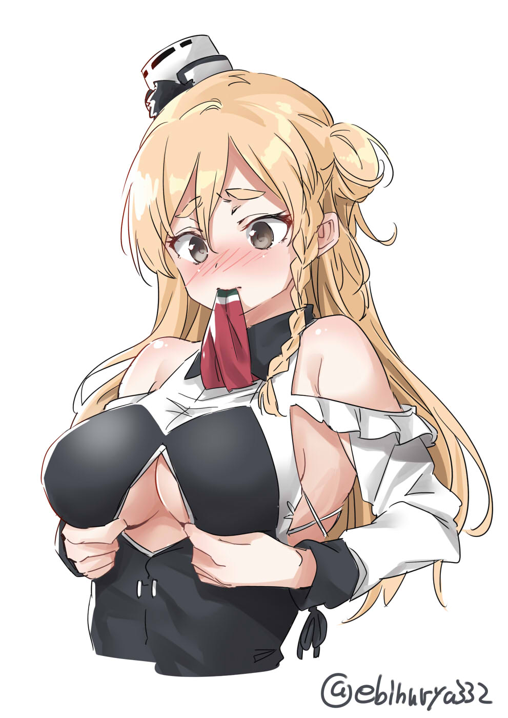 bangs bare_shoulders black_shirt blonde_hair blush braid breasts brown_eyes cleavage cleavage_cutout commentary_request cross-laced_clothes ebifurya french_braid furrowed_eyebrows hat highres kantai_collection large_breasts long_hair long_sleeves looking_at_breasts looking_down mini_hat mouth_hold nose_blush paizuri_invitation remodel_(kantai_collection) shirt side_braid simple_background sleeve_cuffs solo thick_eyebrows twitter_username upper_body wavy_hair white_background zara_(kantai_collection)