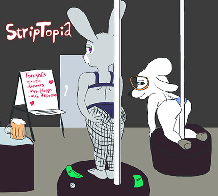 alcohol all_fours ambiguous_gender barefoot beer beverage black_eyes bra butt clothed clothing dancing dawn_bellwether disney duo eyelashes eyewear female fishnet fur glasses grey_fur half-closed_eyes hand_on_butt hooves inside judy_hopps looking_at_viewer looking_back money open_mouth panties platform pole pole_dancing purple_eyes rear_view sign smile standing strip_club topless underwear white_fur zootopia