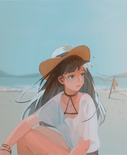 bangs beach blue_sky bracelet brown_hair choker clea commentary_request day hat jewelry long_hair looking_afar original outdoors sand shirt short_sleeves sitting sky solo straw_hat sun_hat sunlight white_shirt