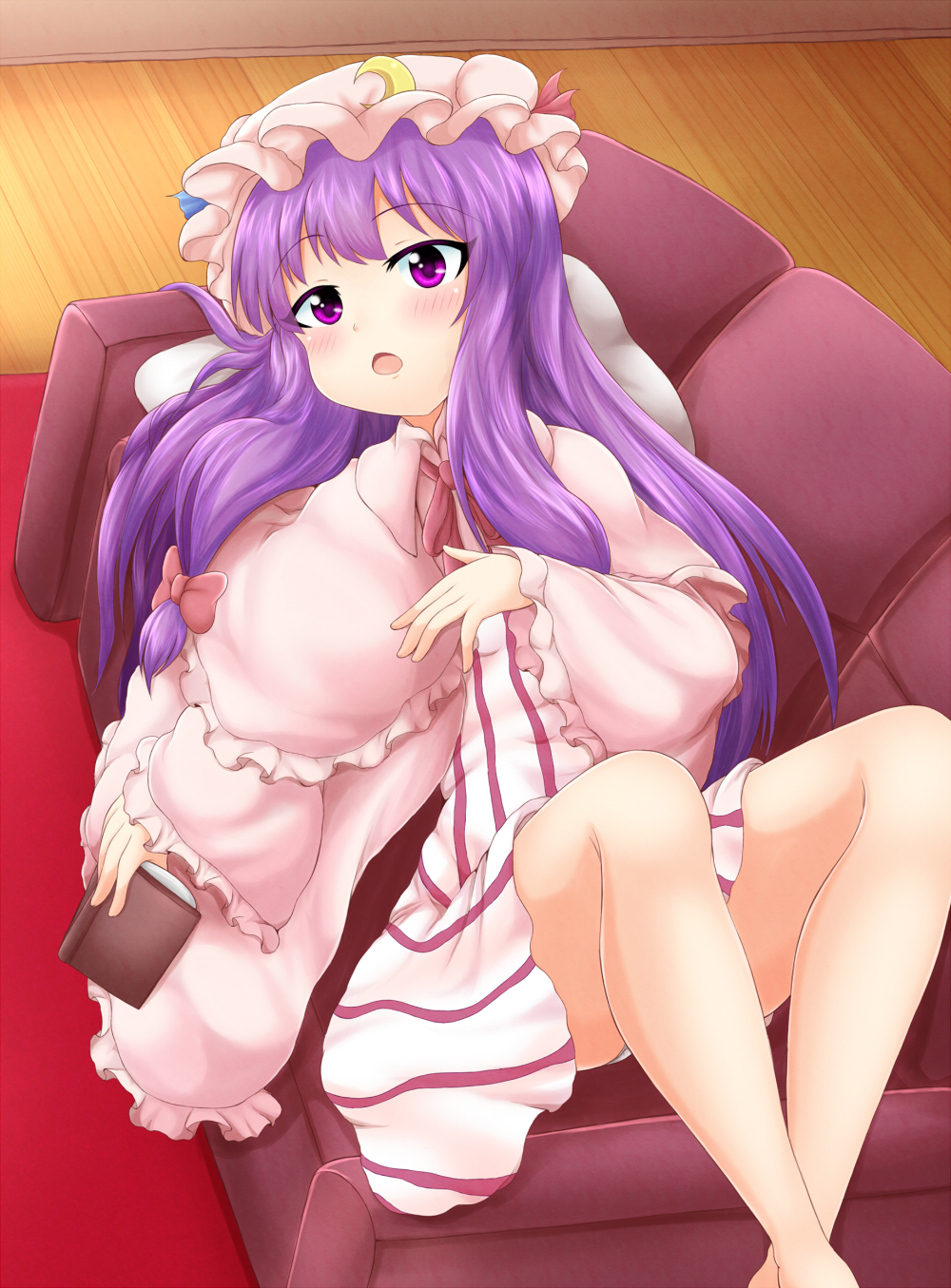 barefoot blue_ribbon blush book bow commentary_request couch crescent crescent_moon_pin eyebrows_visible_through_hair from_above hat highres holding holding_book indoors knees_up long_hair looking_at_viewer lying open_book open_mouth panties panty_peek patchouli_knowledge pillow purple_eyes purple_hair red_bow red_carpet red_neckwear red_ribbon renboruto ribbon rug solo thighs touhou underwear