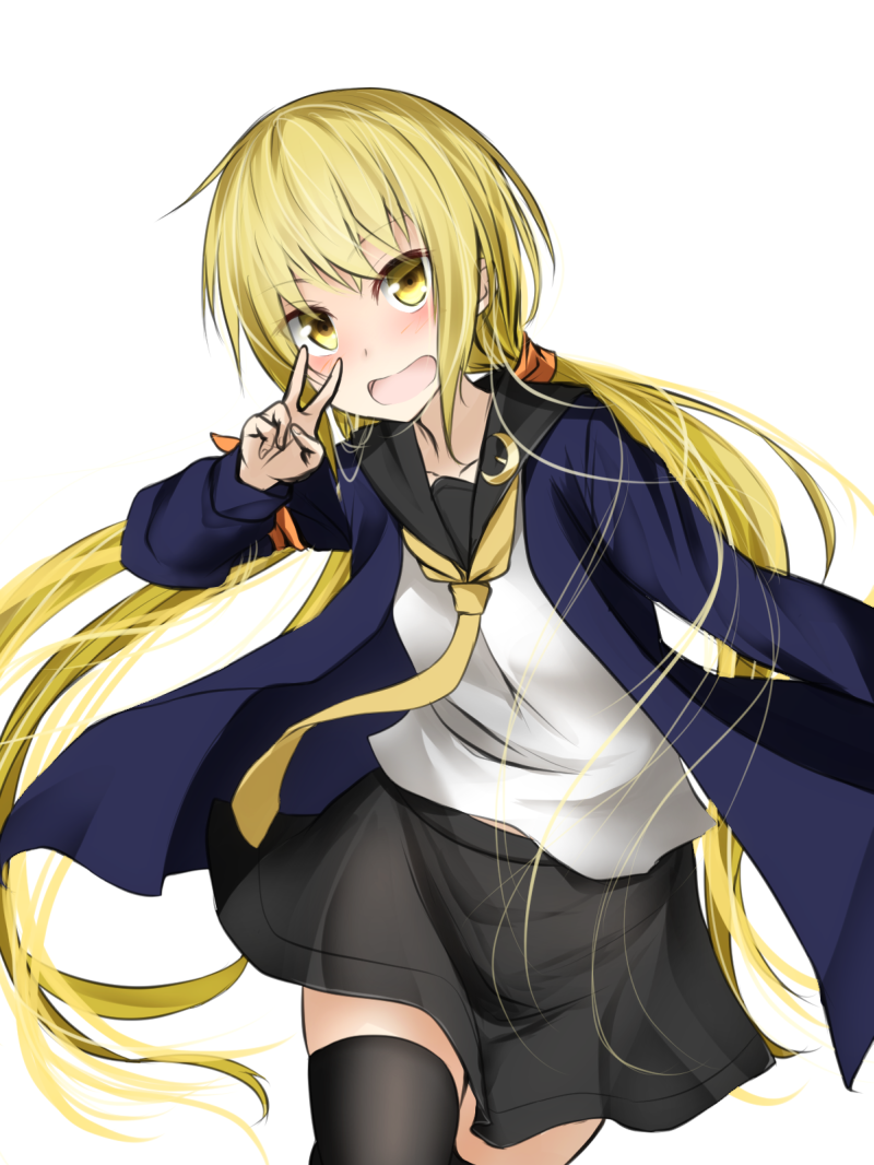 armband black_legwear blonde_hair blue_jacket breasts collarbone commentary_request crescent crescent_moon_pin eeryuu_(2004107) jacket kantai_collection long_hair long_sleeves looking_at_viewer low_twintails neckerchief open_mouth remodel_(kantai_collection) satsuki_(kantai_collection) school_uniform serafuku simple_background small_breasts smile solo thighhighs twintails v white_background yellow_eyes yellow_neckwear