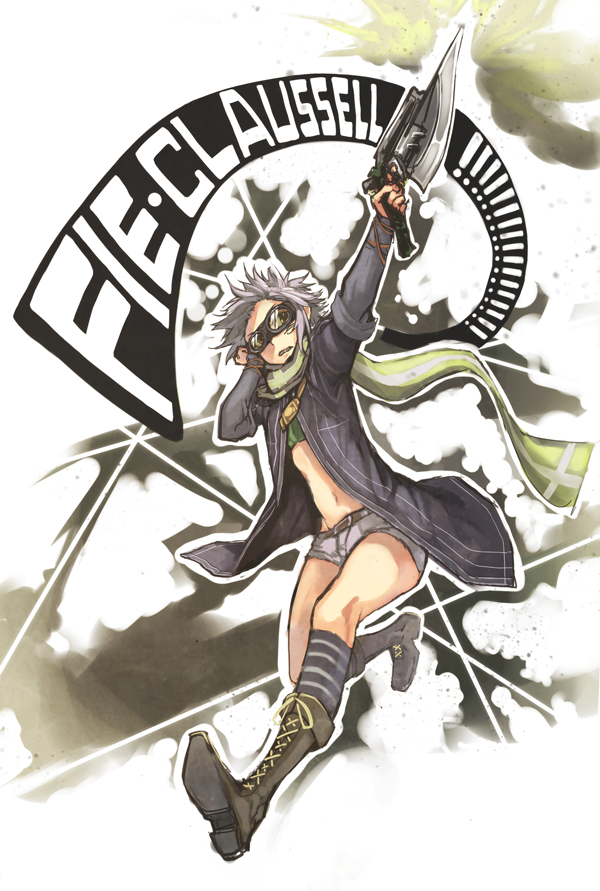 belt black_footwear boots character_name clenched_teeth coat cross-laced_footwear eiyuu_densetsu fie_claussell full_body goggles gunblade irise_ryouji kneehighs midriff navel scarf sen_no_kiseki short_hair short_shorts shorts silver_hair socks solo strapless striped striped_legwear teeth tubetop weapon