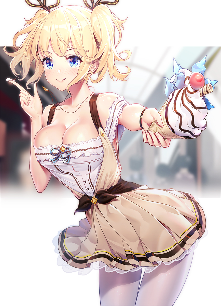 bare_shoulders black_ribbon blonde_hair blue_ribbon blurry blurry_background breasts brown_dress cleavage closed_mouth collarbone commentary_request depth_of_field dress food food_on_finger hair_ribbon hand_up highres holding holding_food ice_cream ice_cream_cone index_finger_raised jewelry leaning_forward licking_lips looking_at_viewer medium_breasts original pantyhose pendant petticoat pleated_dress ribbon ririko_(zhuoyandesailaer) shirt short_hair sleeveless sleeveless_shirt smile soft_serve solo striped striped_ribbon tongue tongue_out twintails wafer_stick white_legwear white_shirt