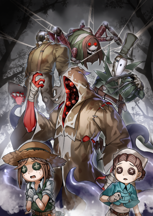 bandaged_arm bandages bangs belt belt_buckle blue_capelet brown_belt brown_eyes brown_hair brown_hat brown_robe brown_shirt buckle bug button_eyes capelet character_request commentary_request eiri_(eirri) forehead freckles gloves green_coat green_eyes green_hat green_overalls grey_gloves grey_pants grey_shirt hat head_scarf hood hood_up hooded_robe identity_v jack_(identity_v) mask monster multiple_girls open_mouth overalls pants parted_bangs red_skin robe sharp_teeth shirt short_sleeves silk spider spider_web suspenders teeth tentacles top_hat tree white_shirt