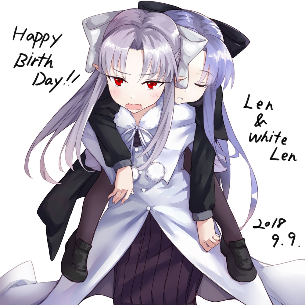 albino apo_(apos2721) bangs black_bow blue_hair blush bow capelet carrying character_name coattails dated eyebrows_visible_through_hair fang flat_chest grey_bow hair_bow happy_birthday len loafers long_hair long_skirt melty_blood multiple_girls pantyhose piggyback pointy_ears red_eyes shoes silver_hair skirt sleeping sleeping_on_person tsukihime white_len