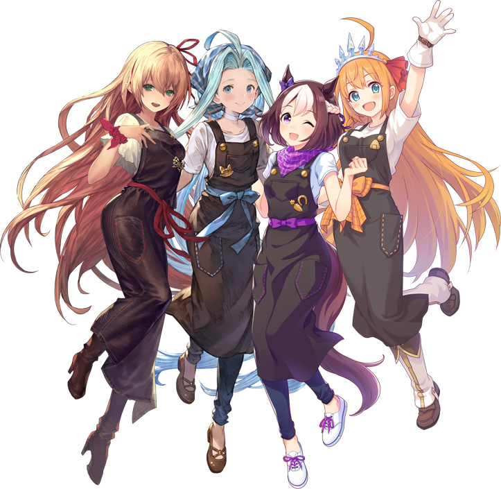 ahoge animal_ears apron arisa_(shadowverse) blue_hair boots company_connection crossover cygames full_body gloves granblue_fantasy hair_ribbon horse_ears horse_tail lyria_(granblue_fantasy) multicolored_hair multiple_crossover multiple_girls official_art orange_hair pecorine pointy_ears princess_connect!_re:dive ribbon scrunchie shadowverse special_week tail tiara transparent_background umamusume