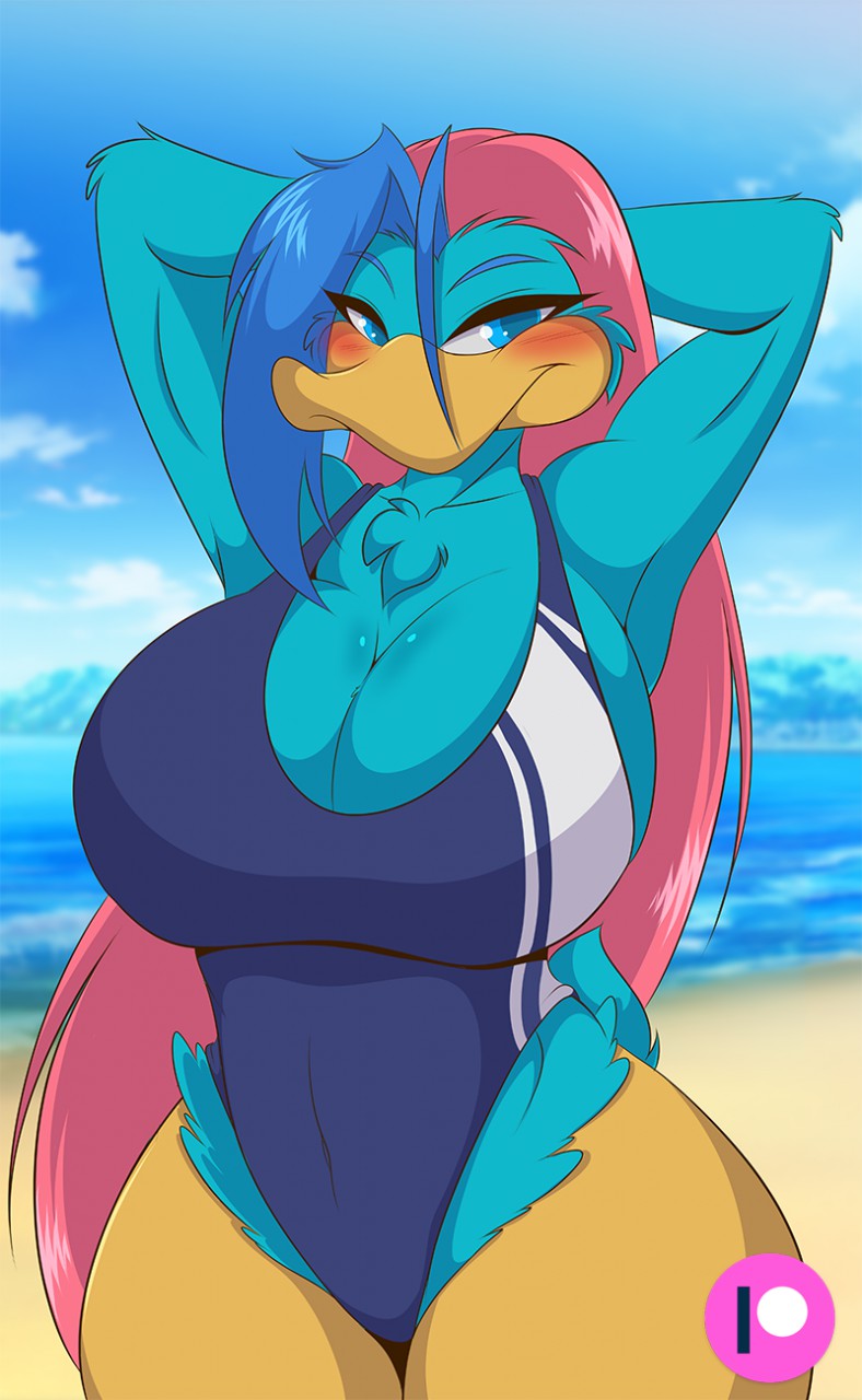 anthro avian beach beak big_breasts bird blue_eyes blue_feathers blue_hair blush breasts cleavage clothed clothing duck feathers female hair hands_behind_head huge_breasts jupiter_(mastergodai) long_hair looking_at_viewer mastergodai multicolored_hair non-mammal_breasts one-piece_swimsuit pink_hair rascals seaside short_tail smile solo swimsuit thick_thighs two_tone_hair voluptuous wide_hips yellow_skin