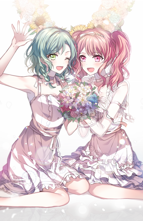 :d ;d aqua_hair bang_dream! blue_flower blush bouquet bow choker dress flower green_eyes hair_bow hairband hikawa_hina holding holding_bouquet long_sleeves maruyama_aya multiple_girls nennen one_eye_closed open_mouth pink_eyes pink_flower pink_hair rose see-through_sleeves side_braids sitting smile sunflower twintails waving white_bow white_dress white_flower yellow_flower