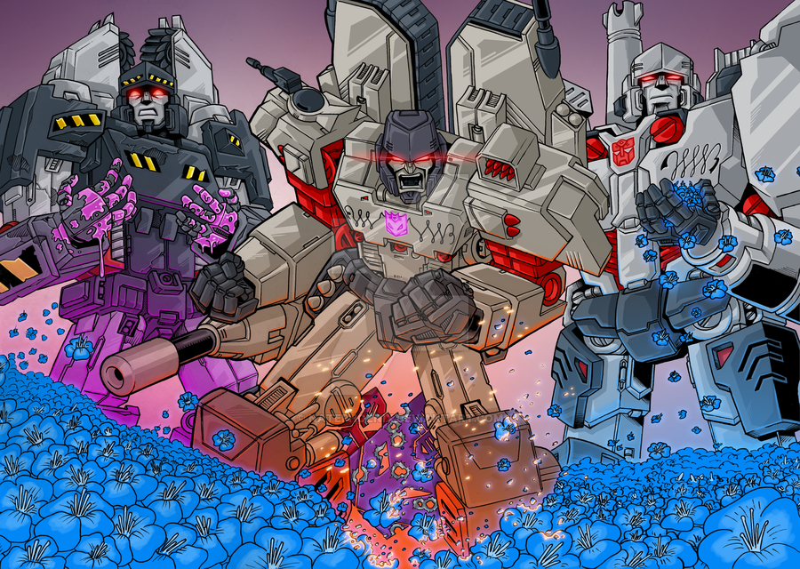 80s arm_cannon autobot cannon character_request commentary decepticon english_commentary flower glowing glowing_eyes insignia mecha megatron megatron_(idw) natephoenix no_humans oldschool open_mouth red_eyes robot science_fiction the_transformers_(idw) transformers weapon