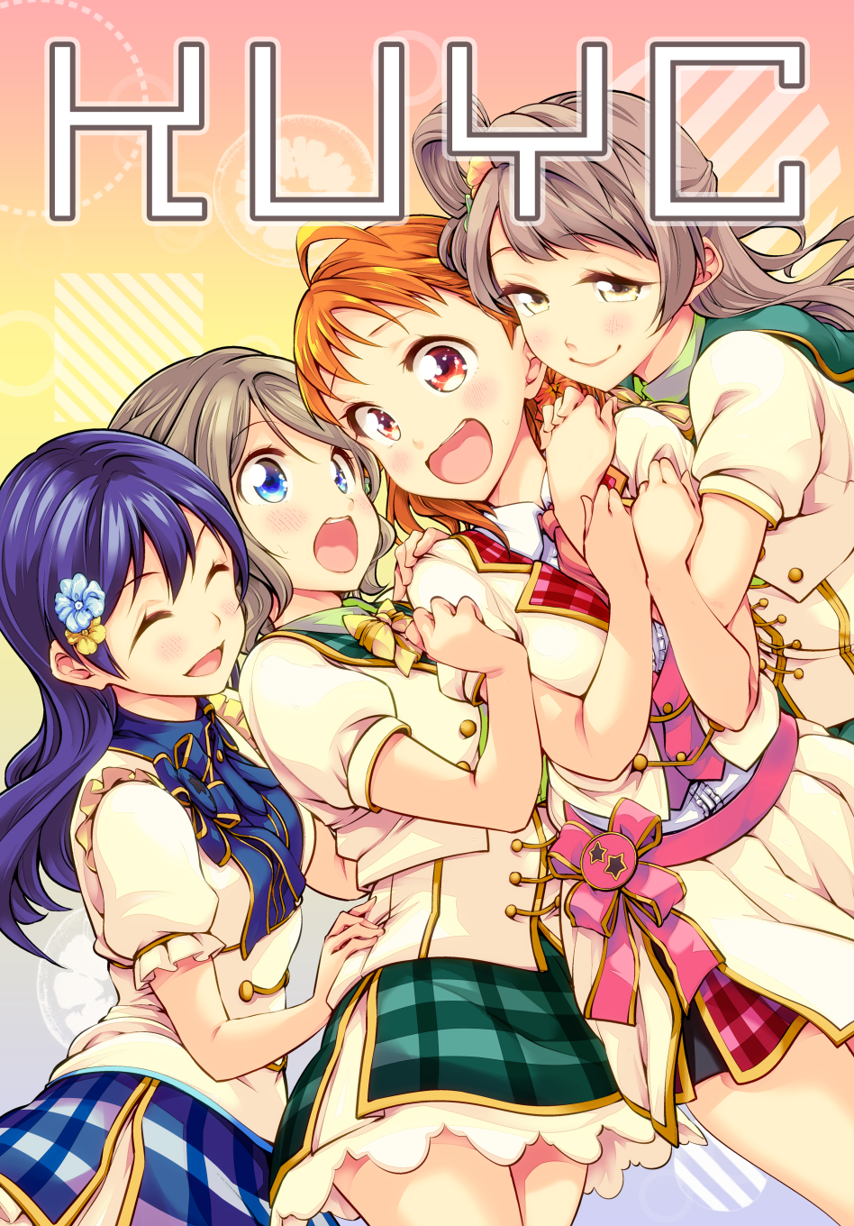 :d ^_^ blue_eyes blue_hair blue_skirt blush brown_hair chado closed_eyes cover cover_page doujin_cover eyebrows_visible_through_hair flower green_skirt hair_flower hair_ornament hand_on_another's_shoulder highres hug long_hair looking_at_another love_live! love_live!_school_idol_project love_live!_sunshine!! minami_kotori multiple_girls one_side_up open_mouth orange_hair pink_ribbon plaid plaid_skirt puffy_short_sleeves puffy_sleeves red_eyes red_skirt ribbon short_hair short_sleeves skirt smile sonoda_umi takami_chika watanabe_you yellow_eyes