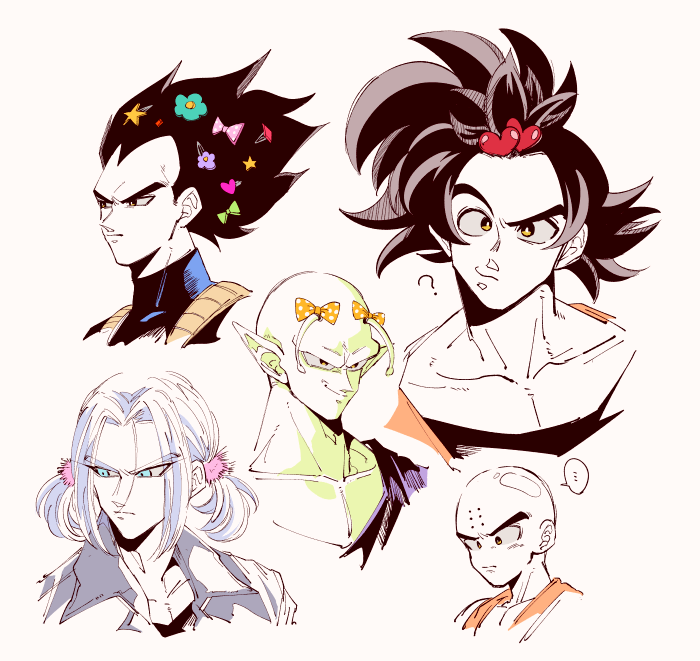 5boys ? alternate_hairstyle antennae bald bangs black_shirt blue_eyes blue_flower close-up confused dragon_ball dragon_ball_z expressionless eyebrows_visible_through_hair eyelashes face father_and_son flower frown green_ribbon grin hair_ornament hair_ribbon hairclip heart jacket kuririn looking_away looking_down male_focus multiple_boys onkywi piccolo pink_ribbon pointy_ears polka_dot_ribbon purple_flower purple_hair ribbon shirt simple_background smile son_gokuu speech_bubble star trunks_(dragon_ball) twintails upper_body vegeta white_background yellow_ribbon