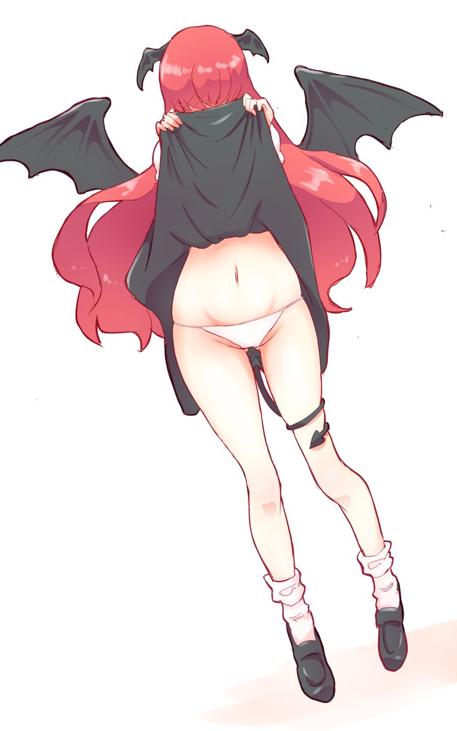 ass_visible_through_thighs bare_legs black_dress black_footwear blush commentary_request covering_face demon_tail demon_wings dress dress_lift embarrassed full_body head_wings highres koakuma long_hair navel non_(z-art) panties red_hair shoes socks solo tail touhou underwear very_long_hair white_background white_panties wings