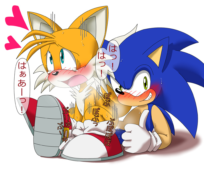 &lt;3 2018 anal anthro blue_eyes blush canine clothing cum dialogue duo footwear fox gloves green_eyes hedgehog japanese_text looking_pleasured male male/male mammal miles_prower motion_lines naughty_face open_mouth orgasm sex simple_background sonic_(series) sonic_the_hedgehog sweat tears text video_games めれんげ