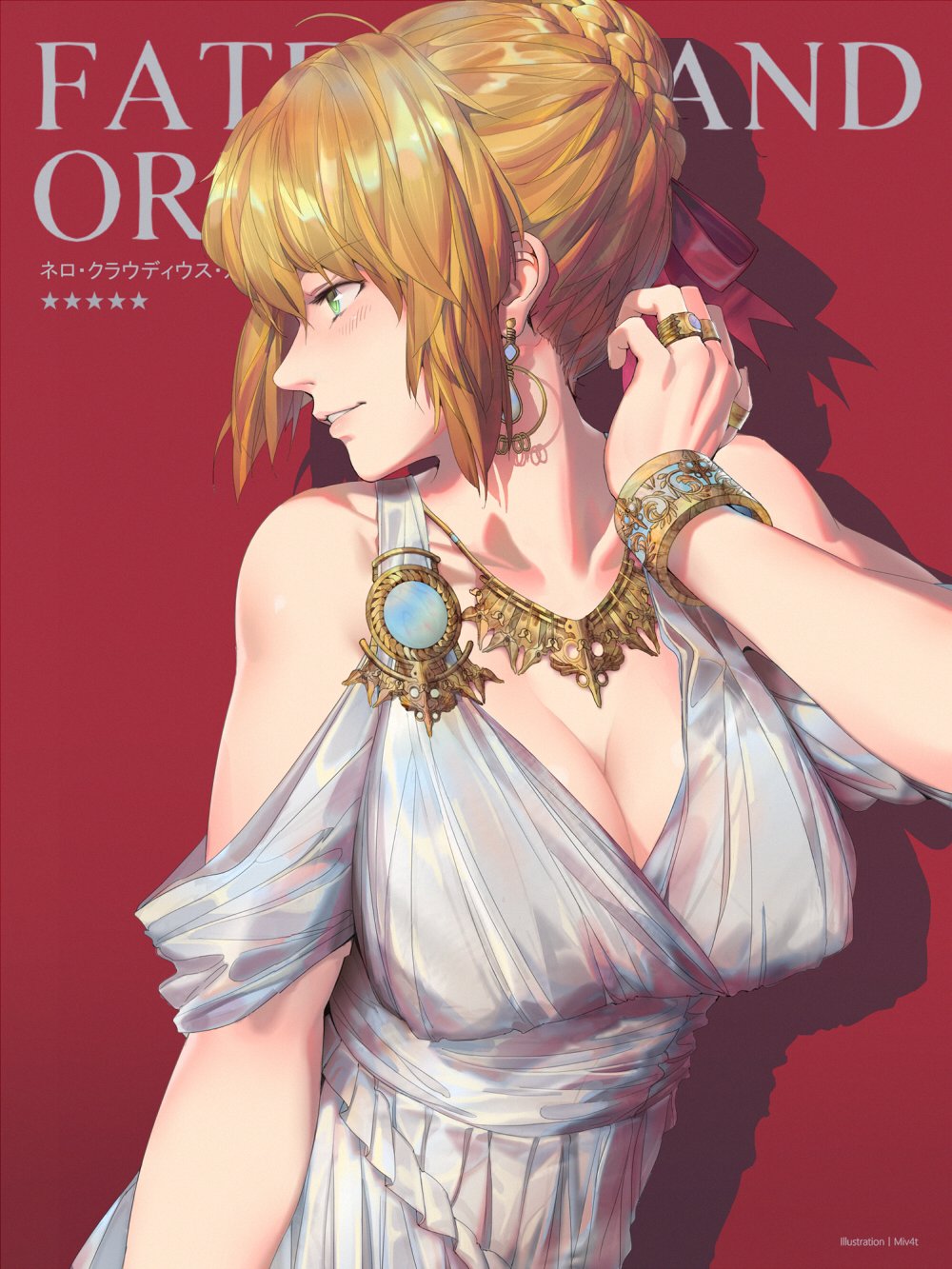 ahoge alternate_costume arm_at_side artist_name bangle bangs bare_shoulders blonde_hair blush bracelet braid braided_bun breasts character_name cleavage collarbone commentary dress earrings eyebrows_visible_through_hair fate/grand_order fate_(series) frills gathers green_eyes hair_ribbon hand_up highres jewelry large_breasts looking_away looking_to_the_side mivit multiple_rings necklace nero_claudius_(fate) nero_claudius_(fate)_(all) parted_lips profile red_background ribbon ring sidelocks simple_background sleeveless sleeveless_dress smile solo thumb_ring upper_body white_dress