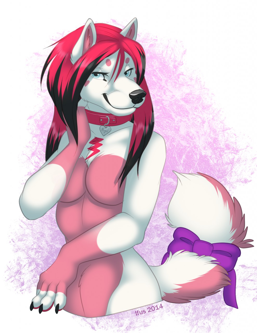 &lt;3 2014 angelicdevil anthro black_highlights blue_eyes bow canine classy claws collar cute disney_style dog female fluffy fur german_shepherd hair highlights ifus invalid_tag mammal multicolored_fur nails pink_fur pink_hair ribbons seductive smile smirk solo tail_bow tail_ribbon two_tone_fur white_fur