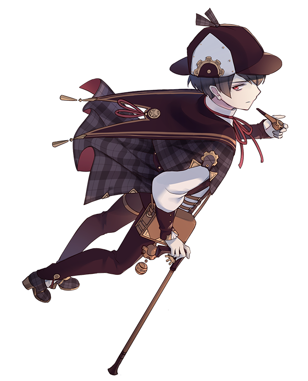 achan_(blue_semi) brown_capelet brown_hair capelet from_above full_body grand_fantasia hat holding holding_pipe looking_at_viewer male_focus official_art pipe plaid red_eyes red_ribbon ribbon sherlock_holmes_(grand_fantasia) solo standing tool_kit transparent_background walking walking_stick