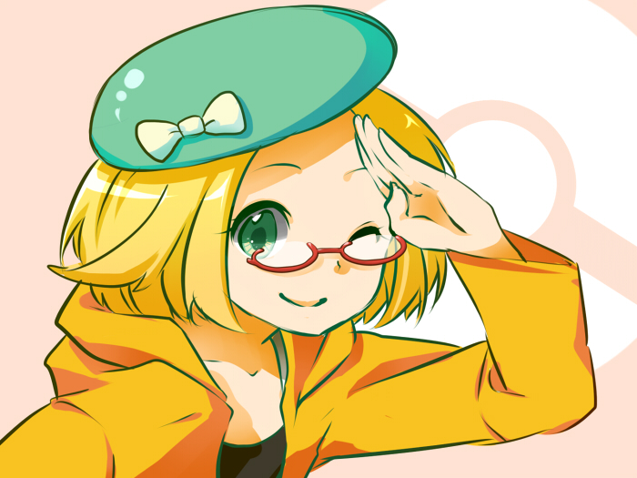 ;) bel_(pokemon) blonde_hair bow closed_mouth commentary_request glasses green_eyes green_hat hand_up hat hat_bow jacket medium_hair one_eye_closed orange_jacket pink_background poke_ball_symbol pokemon pokemon_(game) pokemon_bw2 red-framed_eyewear salute simple_background smile solo touno_ako upper_body white_bow