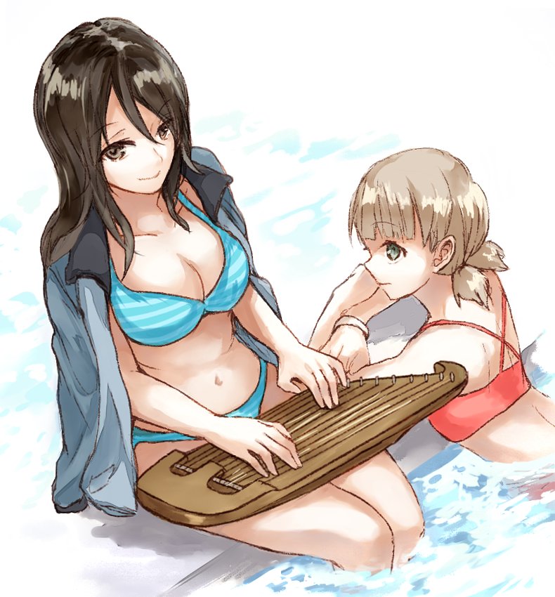 bangs bikini blue_background blue_jacket bracelet breasts cleavage closed_mouth commentary eyebrows_visible_through_hair frown girls_und_panzer green_eyes holding holding_instrument instrument jacket jacket_on_shoulders jewelry kantele keizoku_military_uniform long_hair looking_at_another looking_at_viewer medium_breasts mika_(girls_und_panzer) music navel partially_submerged pink_bikini playing_instrument pool poolside raglan_sleeves short_hair short_twintails sitting smile soaking_feet standing striped striped_bikini swimsuit track_jacket twintails yuuyu_(777)