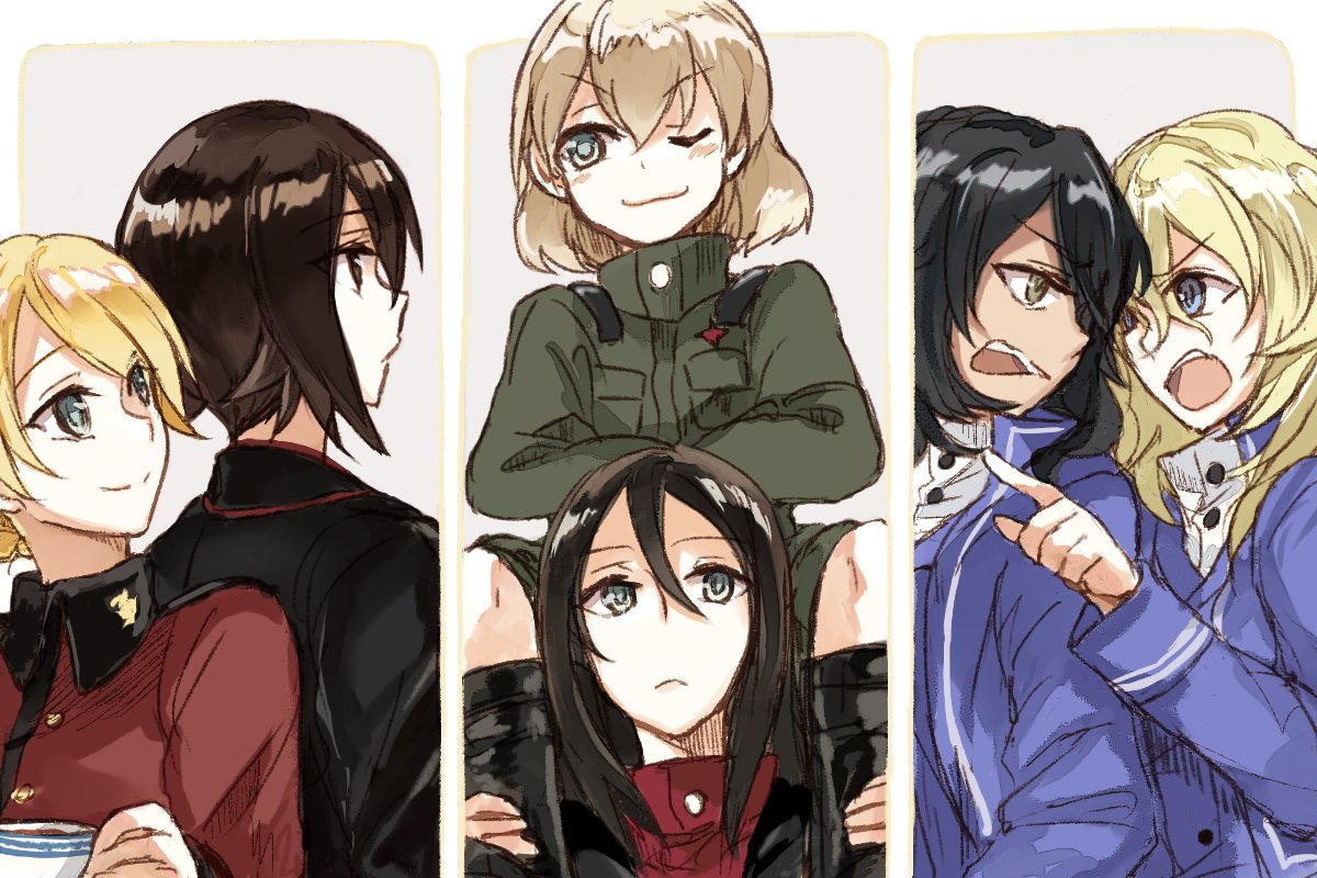 angry bangs bc_freedom_military_uniform black_footwear black_hair black_jacket blonde_hair blue_eyes blue_jacket blue_vest boots brown_eyes brown_hair carrying closed_mouth commentary crossed_arms cup darjeeling dark_skin dress_shirt emblem epaulettes eyebrows_visible_through_hair frown girls_und_panzer green_jumpsuit high_collar holding holding_cup jacket katyusha kuromorimine_military_uniform long_hair long_sleeves looking_at_another looking_back medium_hair messy_hair military military_uniform nishizumi_maho nonna open_mouth oshida_(girls_und_panzer) outside_border pointing pravda_military_uniform red_jacket red_shirt shirt short_hair short_jumpsuit shoulder_carry shouting smile st._gloriana's_military_uniform standing swept_bangs teacup tied_hair turtleneck uniform v-shaped_eyebrows vest white_shirt yuuyu_(777)