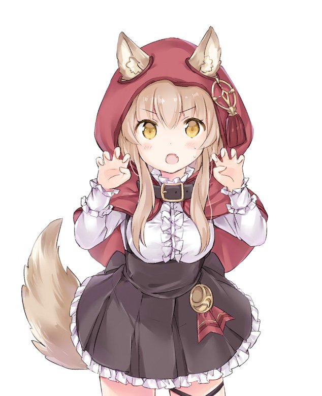 :o animal_ears capelet claw_pose fang frilled_skirt frills light_brown_hair long_hair long_sleeves original shirt skirt tail v-shaped_eyebrows wataame27 wolf_ears wolf_tail yellow_eyes