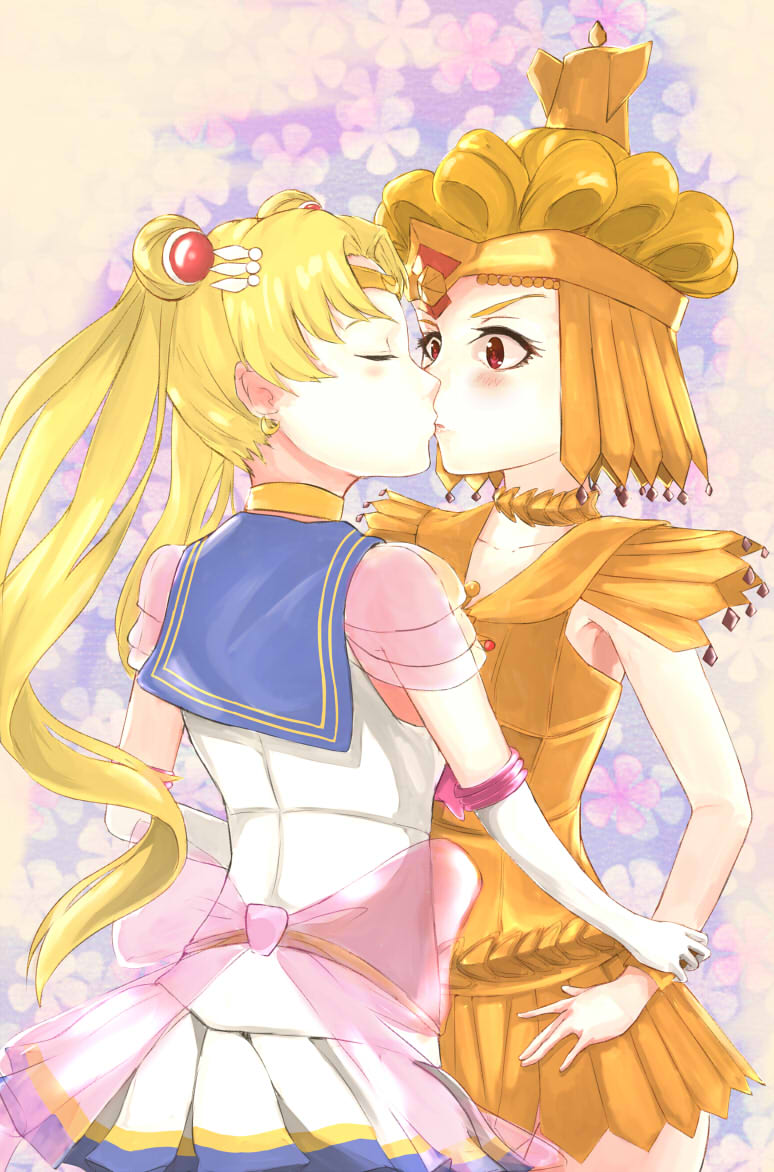 back_bow bishoujo_senshi_sailor_moon blonde_hair blush bow choker closed_eyes commentary craim crescent crescent_earrings double_bun earrings english_commentary from_behind hair_ornament hair_up jewelry kiss long_hair multiple_girls pleated_skirt profile red_eyes sailor_galaxia sailor_moon sailor_senshi_uniform skirt super_sailor_moon surprised tsukino_usagi twintails very_long_hair wrist_grab yellow_choker yuri
