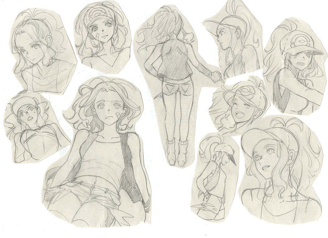 ass bandage_on_face baseball_cap breasts canari closed_mouth commentary_request denim denim_shorts hat jacket long_hair looking_at_viewer poke_ball_symbol pokemon pokemon_(game) pokemon_bw ponytail shorts sketch small_breasts smile solo touko_(pokemon)