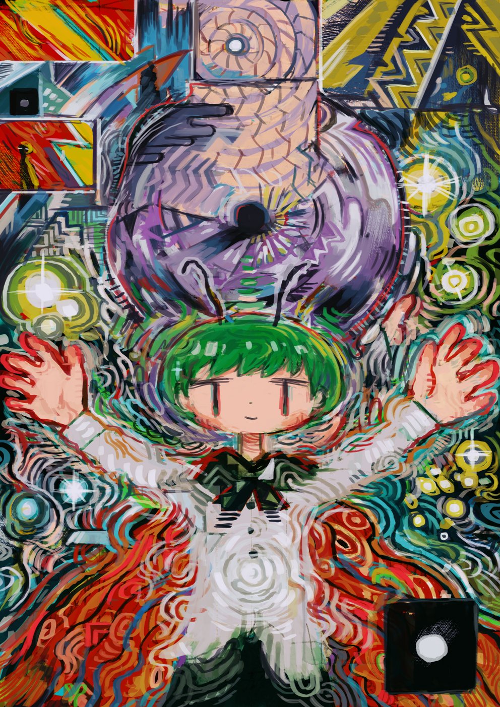 abstract antennae arms_up cape circle colorful green_hair highres hito_(nito563) long_sleeves looking_at_viewer outstretched_arms red_eyes short_hair smile solo spread_arms touhou upper_body wriggle_nightbug