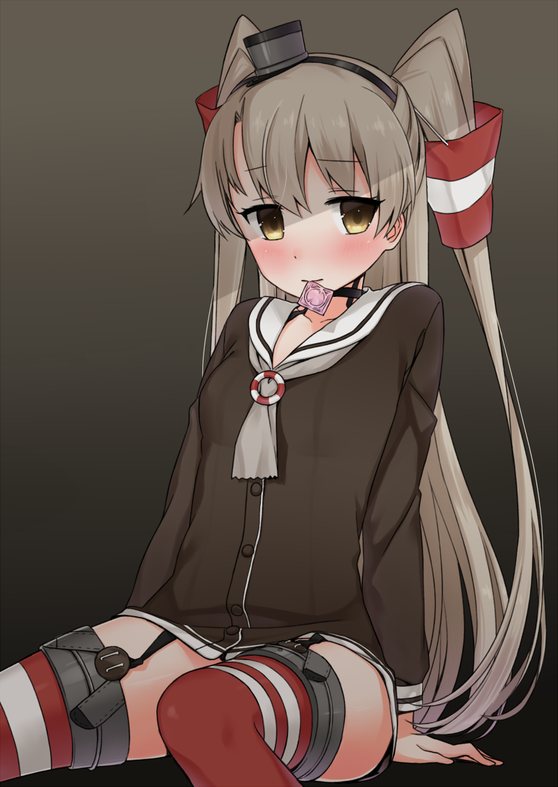 amatsukaze_(kantai_collection) arm_support bangs black_choker black_hairband blush breasts brown_background brown_dress brown_eyes choker closed_mouth collarbone commentary_request condom condom_in_mouth condom_wrapper dress eyebrows_visible_through_hair grey_neckwear hair_between_eyes hair_tubes hairband hat kantai_collection lifebuoy light_brown_hair long_hair long_sleeves looking_at_viewer masuishi_kinoto mini_hat mouth_hold red_legwear sailor_collar sailor_dress see-through short_dress sitting small_breasts smokestack smokestack_hair_ornament solo thighhighs tilted_headwear two_side_up very_long_hair white_sailor_collar windsock