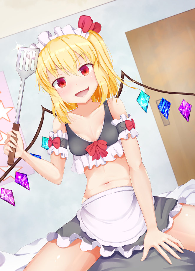alternate_costume bare_legs blonde_hair door flandre_scarlet hair_ribbon holding kneeling looking_at_viewer maid maid_headdress masen midriff red_eyes ribbon side_ponytail smile solo spatula touhou v-shaped_eyebrows wall wings