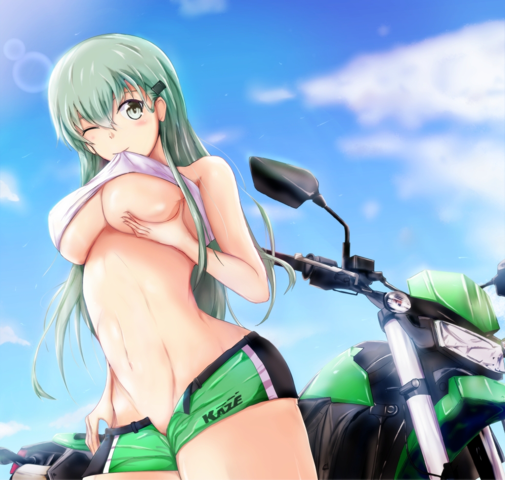 alternate_costume bangs bare_shoulders bike_shorts biting biting_clothes blue_sky breast_lift breasts clothes_writing cloud commentary_request cowboy_shot crop_top day green_eyes green_hair green_shorts groin ground_vehicle hair_between_eyes hair_ornament hairclip kantai_collection large_breasts long_hair looking_at_viewer mable motor_vehicle motorcycle navel outdoors shiny shiny_skin short_shorts shorts sidelocks sky solo stomach suzuya_(kantai_collection) thighs toned unbuttoned_pants underboob