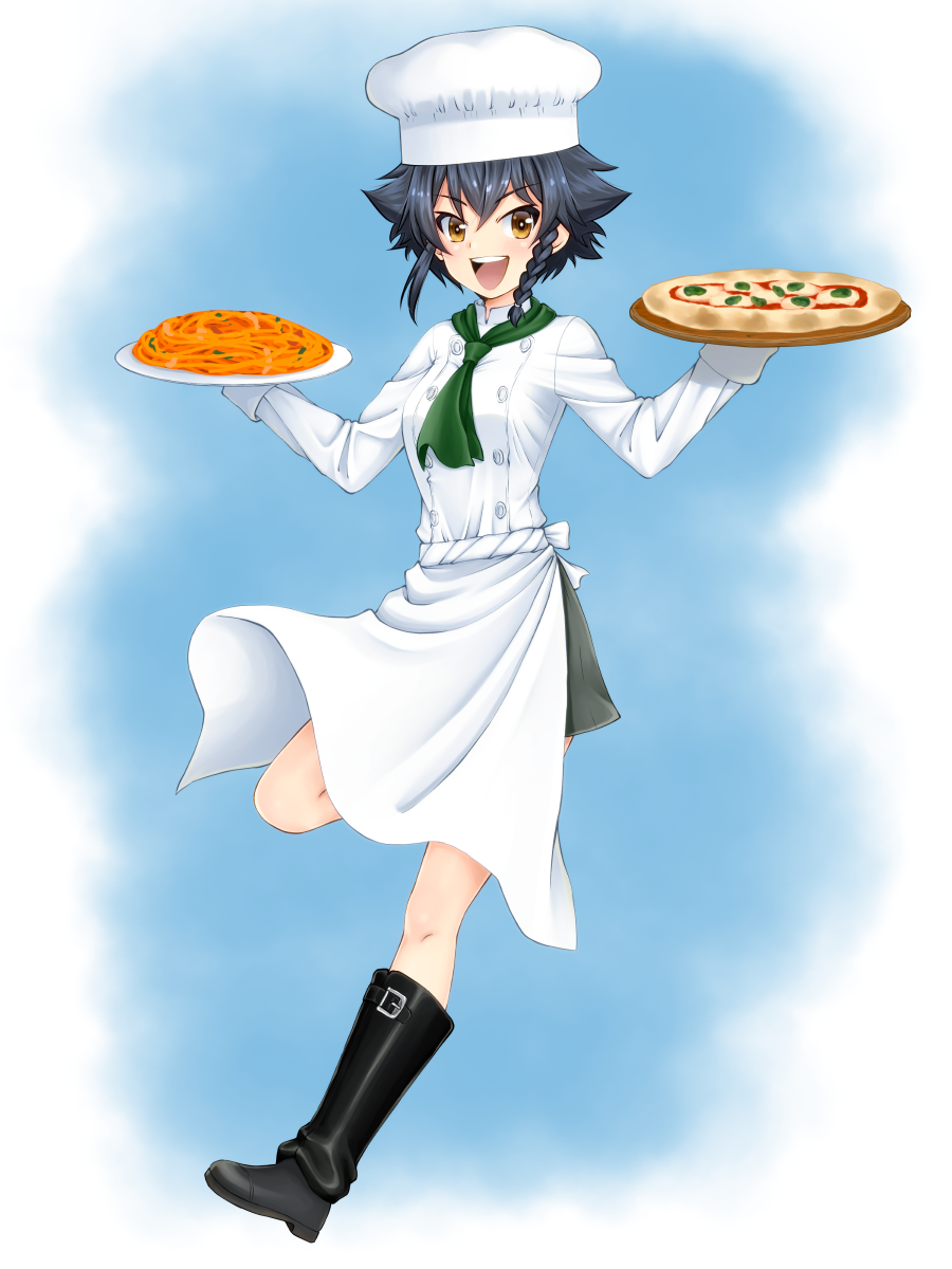 anzio_military_uniform apron bangs black_footwear black_hair boots braid brown_eyes chef_hat chef_uniform commentary_request eyebrows_visible_through_hair food girls_und_panzer green_neckwear grey_skirt hair_tie hat highres holding holding_plate holding_tray jacket knee_boots leg_up long_sleeves looking_at_viewer neckerchief open_mouth partial_commentary pasta pepperoni_(girls_und_panzer) pizza plate ruka_(piyopiyopu) short_hair side_braid skirt smile solo standing standing_on_one_leg toque_blanche tray waist_apron white_apron white_jacket