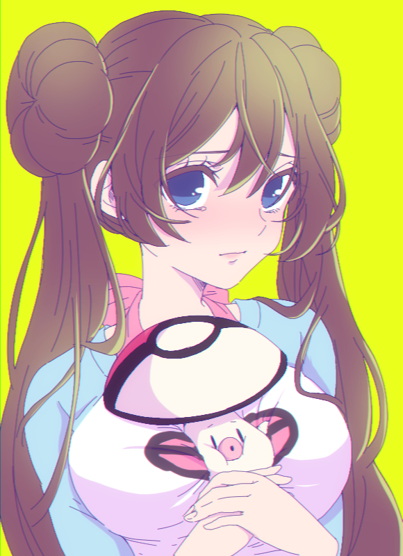 between_breasts blue_eyes blue_shirt bow breast_press breasts brown_hair cheek_squash closed_mouth commentary_request double_bun foongus gen_5_pokemon hands_together holding large_breasts long_hair looking_at_viewer mokorei mushroom no_pupils pink_bow poke_ball_print poke_ball_theme pokemon pokemon_(creature) pokemon_special raglan_sleeves sad shirt simple_background solo twintails upper_body whi-two_(pokemon) white_shirt yellow_background