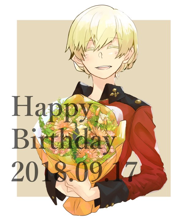 asuka_(junerabitts) blush border bouquet braid brown_background closed_eyes colored_eyelashes commentary_request cropped_torso darjeeling dated flower french_braid girls_und_panzer happy_birthday holding holding_bouquet short_hair smile solo st._gloriana's_military_uniform white_border