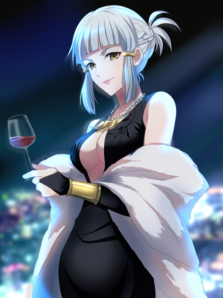 bangs black_dress black_gloves blonde_hair blunt_bangs braid breasts cleavage cup dress drinking_glass elbow_gloves fate/grand_order fate_(series) fingerless_gloves french_braid gloves hair_ornament holding holding_cup large_breasts looking_at_viewer penthesilea_(fate/grand_order) red_wine satou_(fujisanjj-mesigaumaize) shining_skyscrapers short_hair sidelocks sleeveless sleeveless_dress solo upper_body wine_glass yellow_eyes