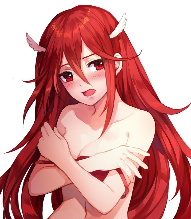 bangs bare_shoulders bikini blush breast_conscious breast_hold breasts cleavage collarbone crossed_arms fire_emblem fire_emblem:_kakusei hair_between_eyes hair_ornament head_tilt head_wings jurge long_hair navel open_mouth red_bikini red_eyes red_hair simple_background small_breasts solo strap_slip swimsuit tiamo upper_body very_long_hair white_background white_wings wing_hair_ornament wings