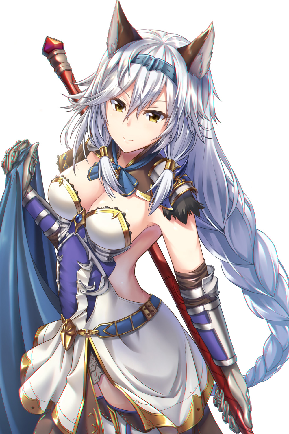 animal_ears belt braid breasts brown_eyes closed_mouth dress erune eyebrows_visible_through_hair from_side gauntlets granblue_fantasy hair_between_eyes hairband heles highres holding long_hair low_ponytail medium_breasts sanagi silver_hair smile solo standing strapless strapless_dress thighhighs v-shaped_eyebrows very_long_hair white_background white_dress