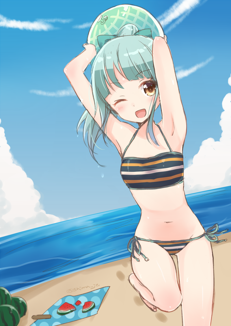 ;d armpits arms_up ball bangs bare_arms bare_shoulders beach beachball bikini blue_sky blush bow breasts brown_eyes cloud day eyebrows_visible_through_hair food fruit green_bow green_hair groin hair_bow halter_top halterneck high_ponytail holding holding_ball horizon kantai_collection long_hair masuishi_kinoto navel object_namesake ocean one_eye_closed open_mouth outdoors ponytail sand side-tie_bikini sky small_breasts smile solo standing standing_on_one_leg striped striped_bikini swimsuit twitter_username water watermelon yuubari_(kantai_collection)